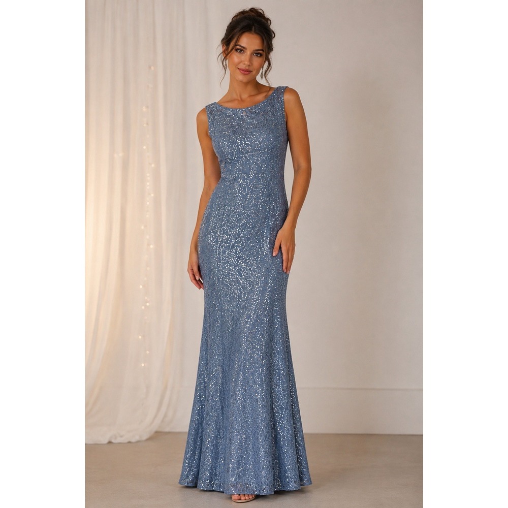 Ignite Evenings Blue Gray Dress Sequin Lace Long Sleeveless Formal Dress Gown 14